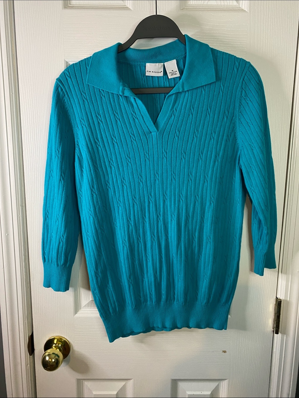 Kim Rogers Teal Cable-Knit V-Neck Polo Sweater Size Medium.